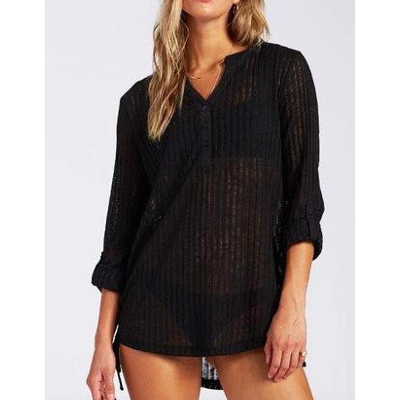 Billabong Womens Black Ribbed Hooded Cover Up Tunic Shirt S P Ch